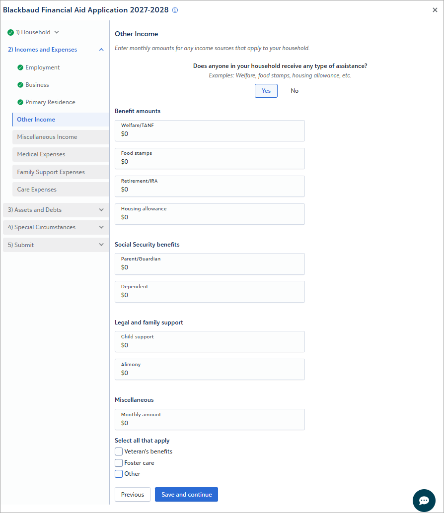Screenshot of section F. Monthly Income